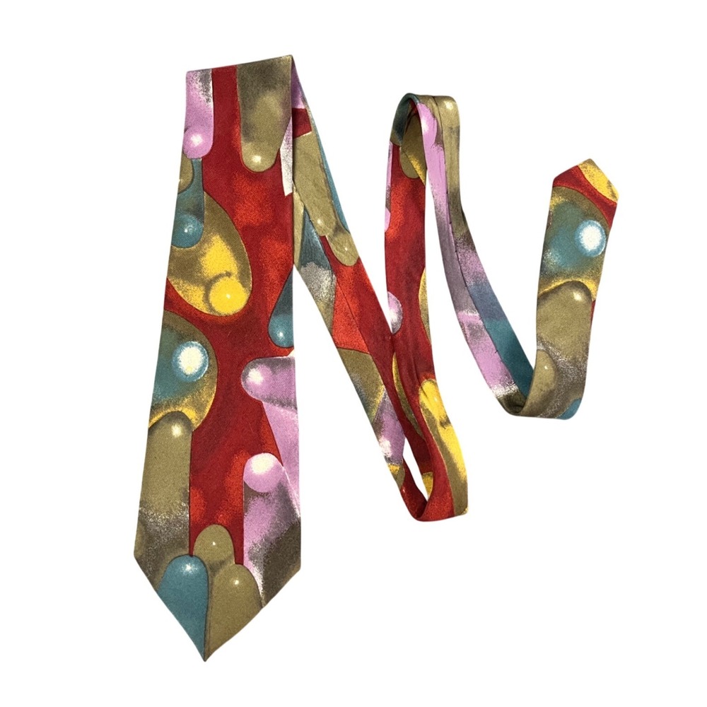 Hugo Boss Mens Silk Tie Abstract Geometric Multicolor Italy Red Gold 57in